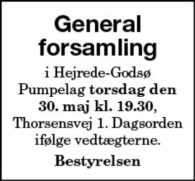 Annonce for  Hejrede-Godsø Pumpelaug